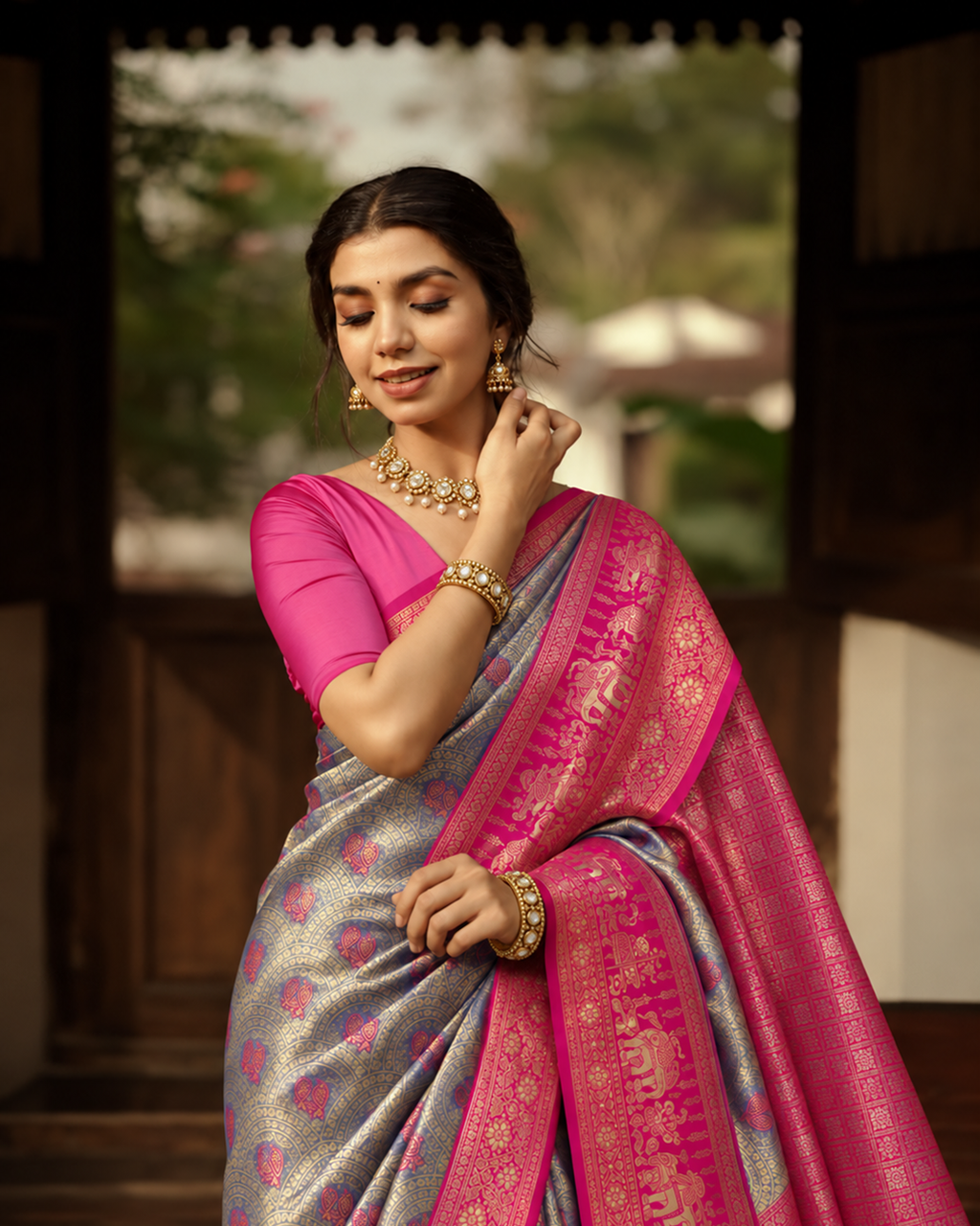 Periwinkle Blue Kanjivaram Silk Saree with Ornamental Woven Buta Weaving