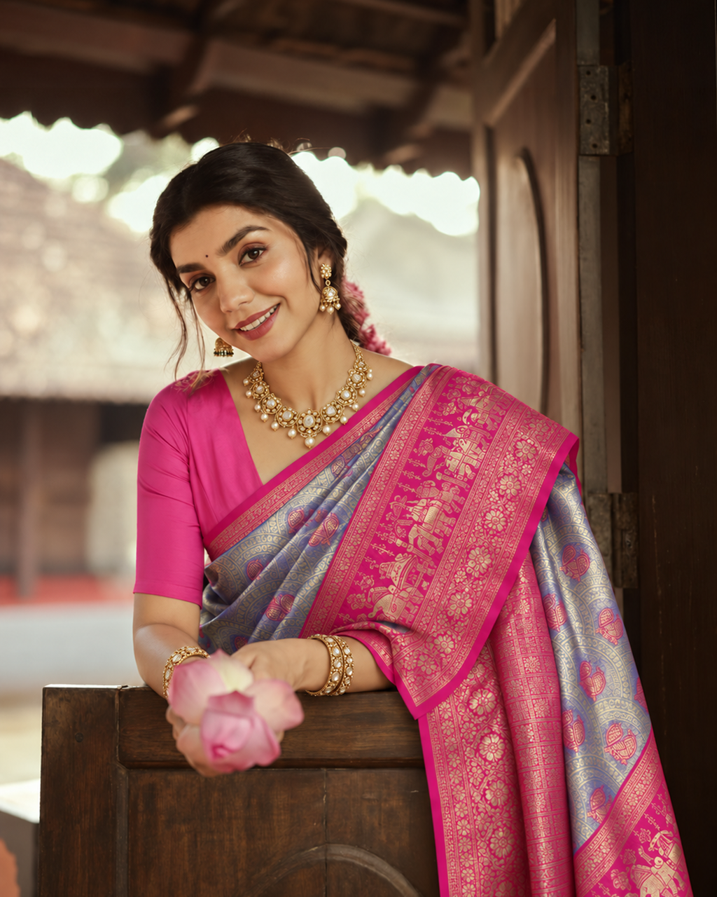Periwinkle Blue Kanjivaram Silk Saree with Ornamental Woven Buta Weaving