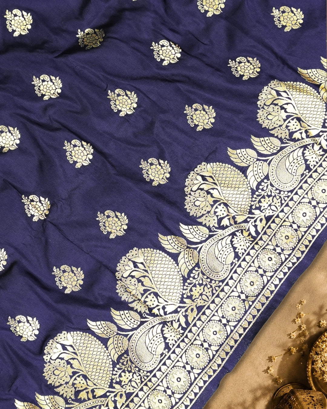 Navy Blue Banarasi Silk Saree with Heavy Artisanal Paisley Weaves