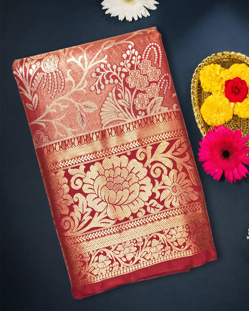 Red Kanjivaram Silk Saree with Floral Zari and Rich Contrast Border
