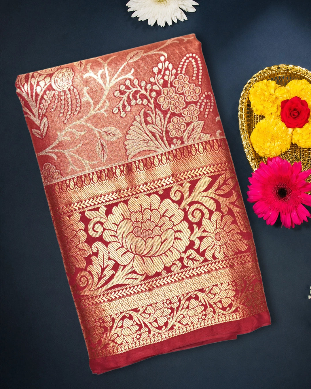 Red Kanjivaram Silk Saree with Floral Zari and Rich Contrast Border