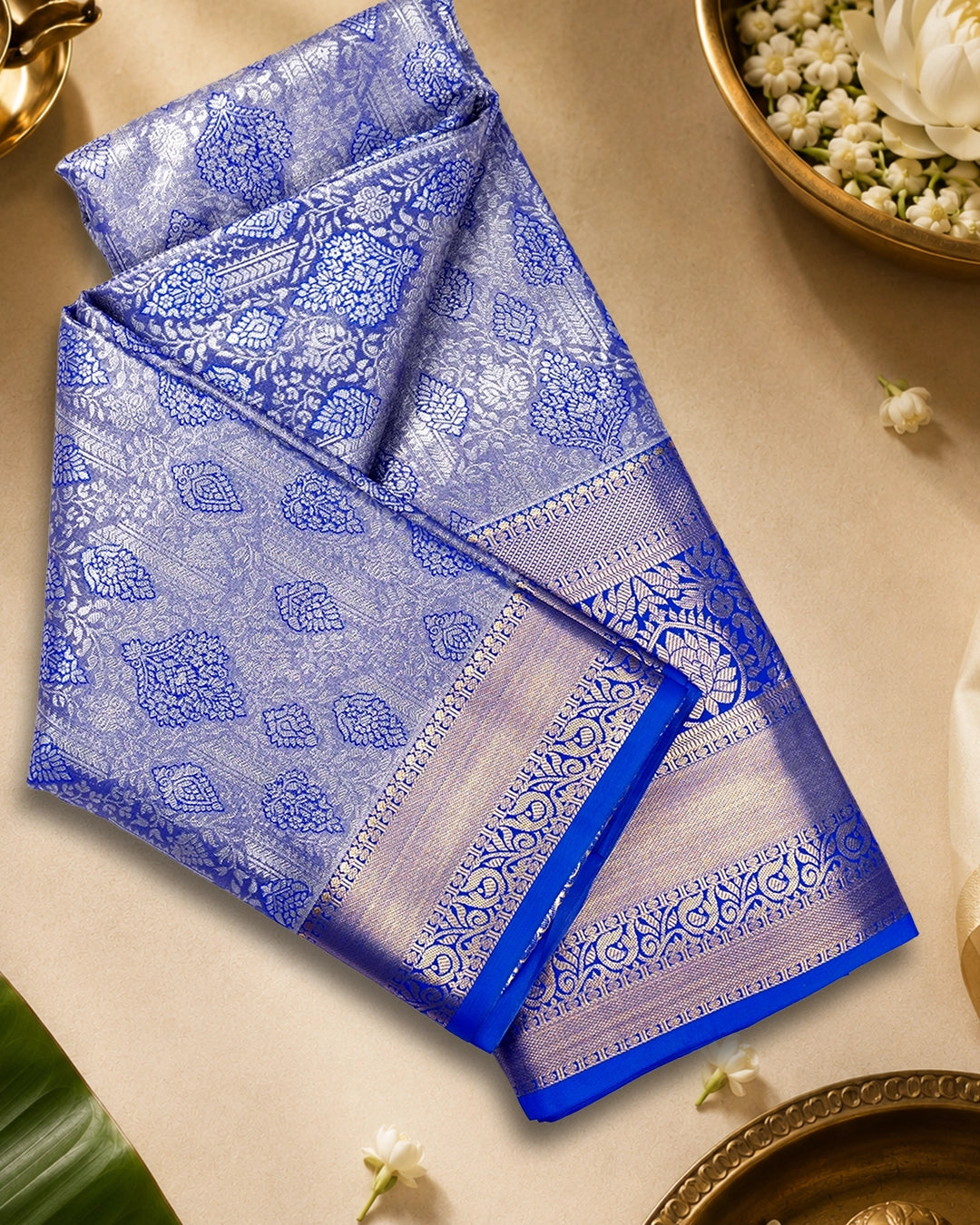 Blue Kanjivaram Silk Saree with Artistic Paisley Zari Border