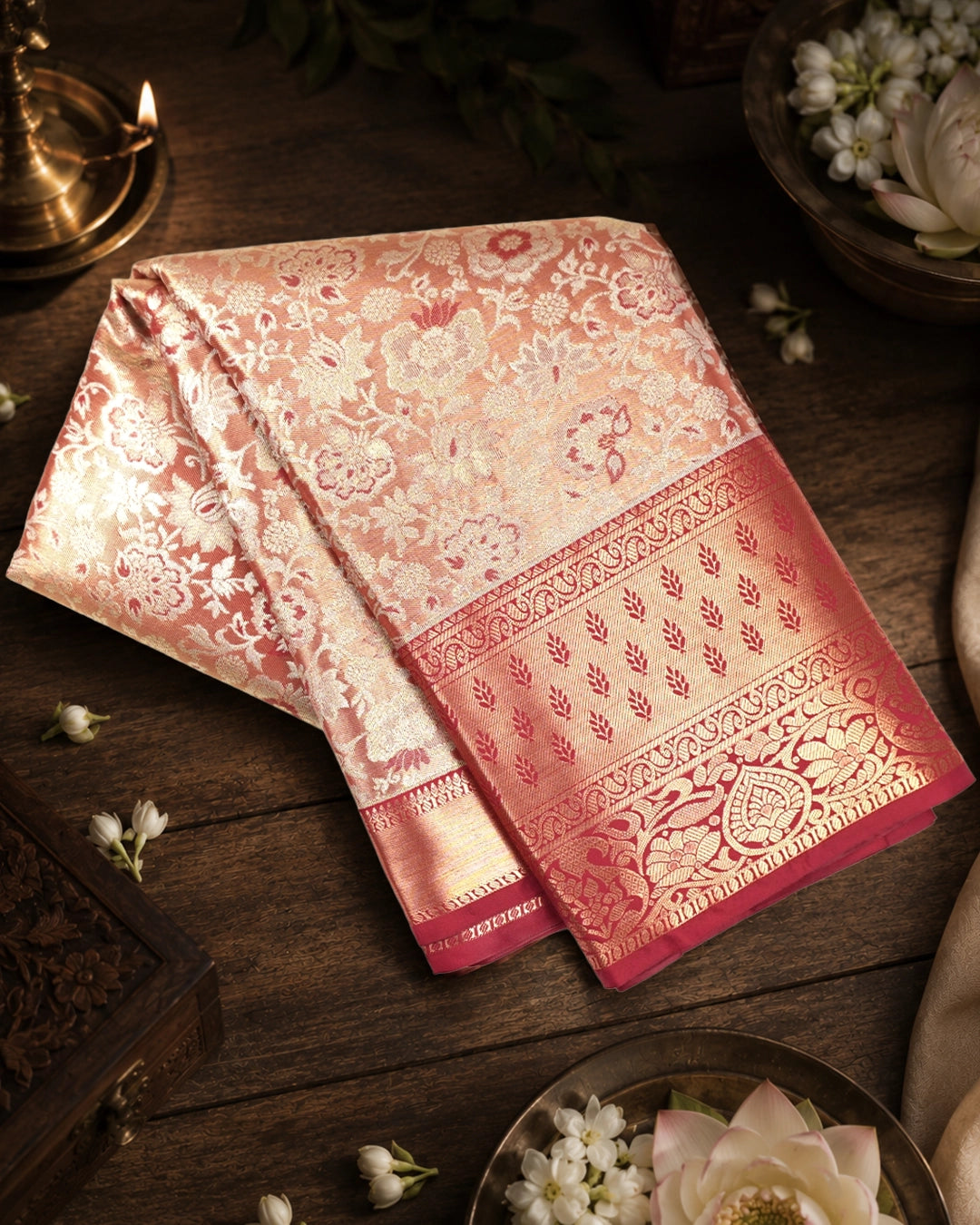Soft Peach Kanjivaram Silk Saree with Floral Weaving and Paisley Accents