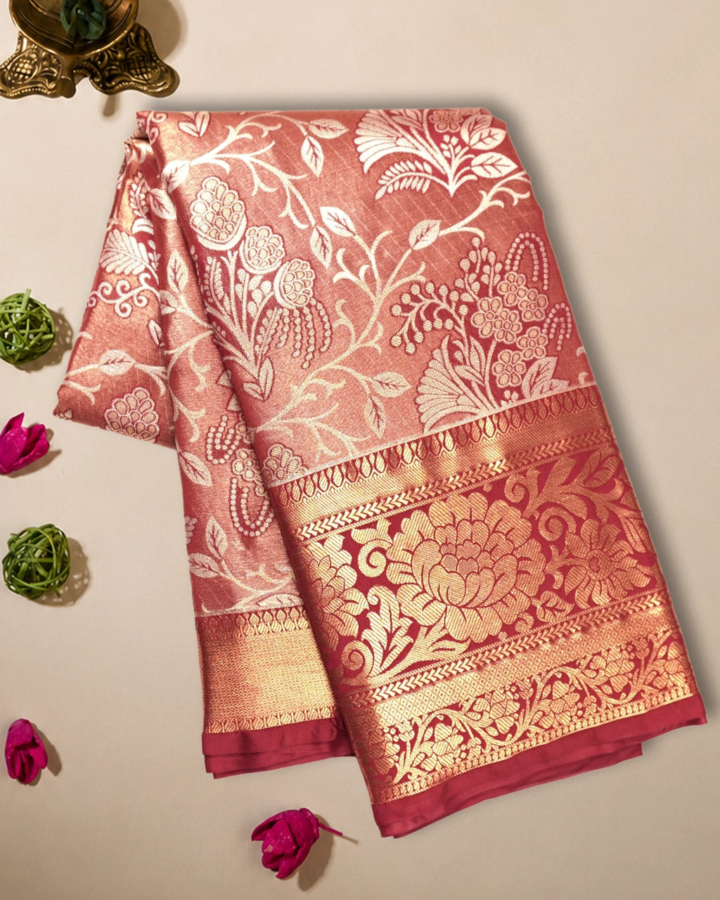 Red Kanjivaram Silk Saree with Floral Zari and Rich Contrast Border
