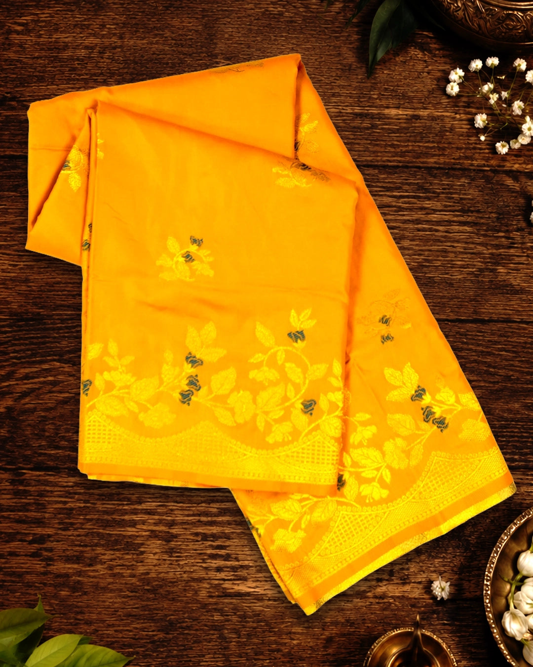 Yellow Banarasi Silk Saree with Floral Ivy and Contrast Deep Teal-Meena Highlights