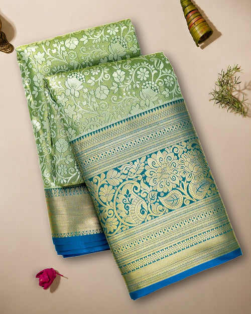 Elegant Green Kanjivaram Silk Saree with Floral Jaal Zari and Contrast Border