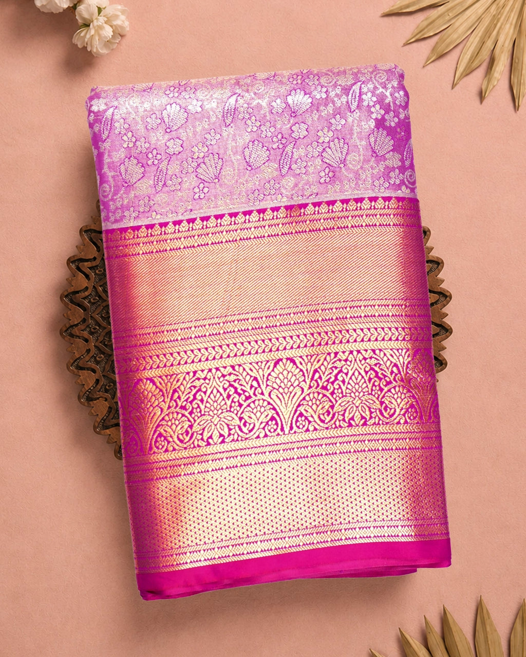 Lilac Kanjivaram Silk Saree with Intricate Floral Zari Motifs and Rich Pallu