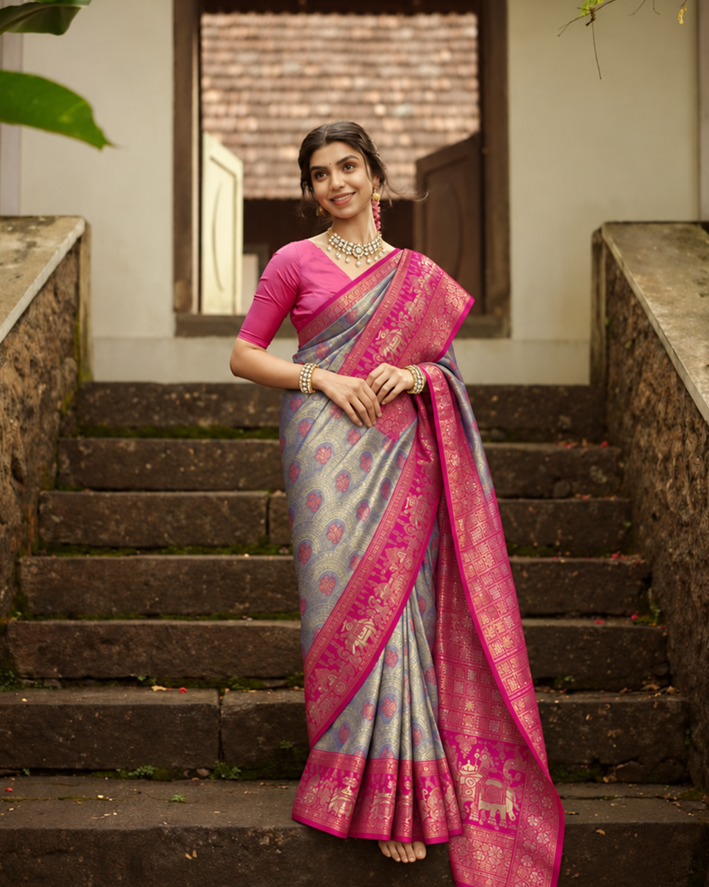 Periwinkle Blue Kanjivaram Silk Saree with Ornamental Woven Buta Weaving