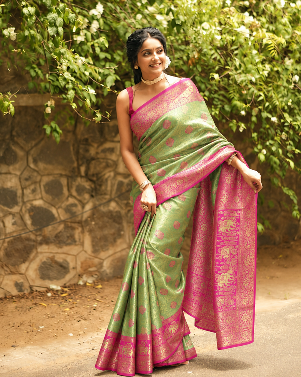 Light Mint Green Kanjivaram Silk Saree with Traditional Peacock Motifs Arch Weaving