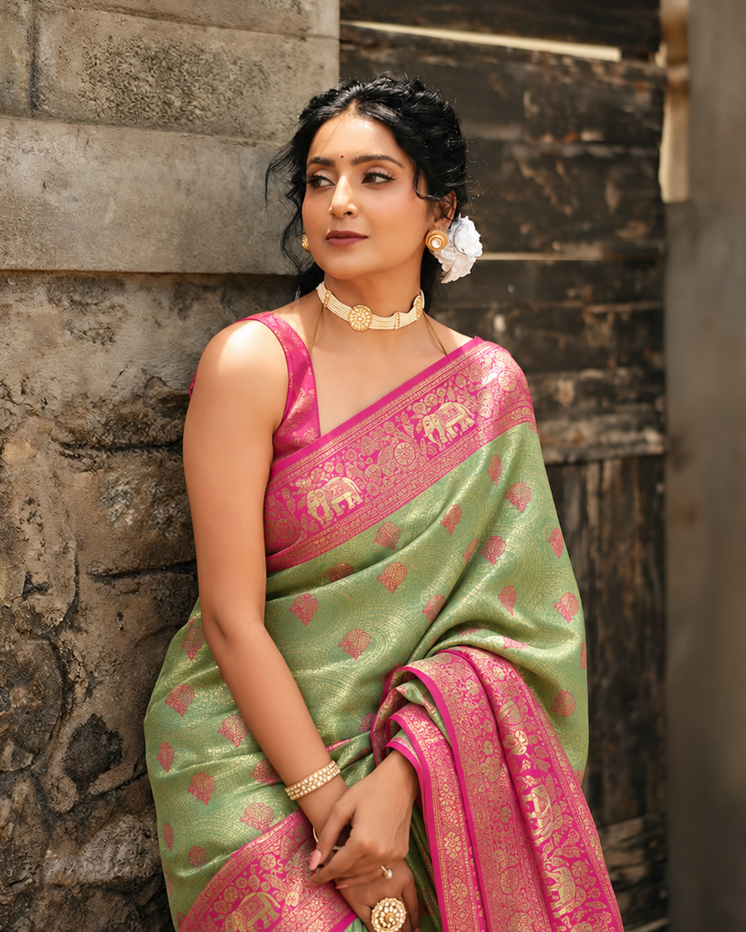 Light Mint Green Kanjivaram Silk Saree with Traditional Peacock Motifs Arch Weaving