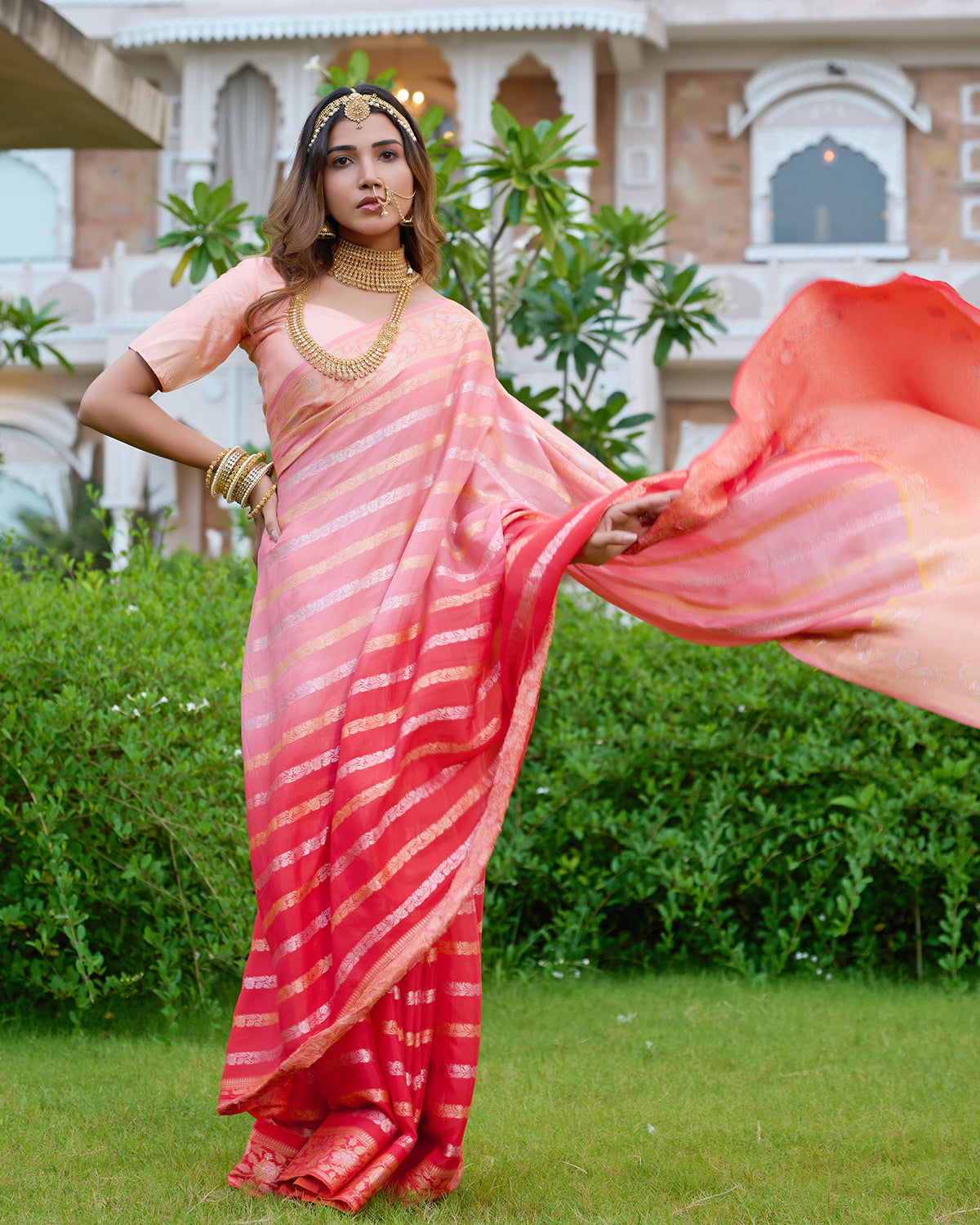 Peach Gleam Pure Chiffon Saree with Stripes Zari Woven Highlights