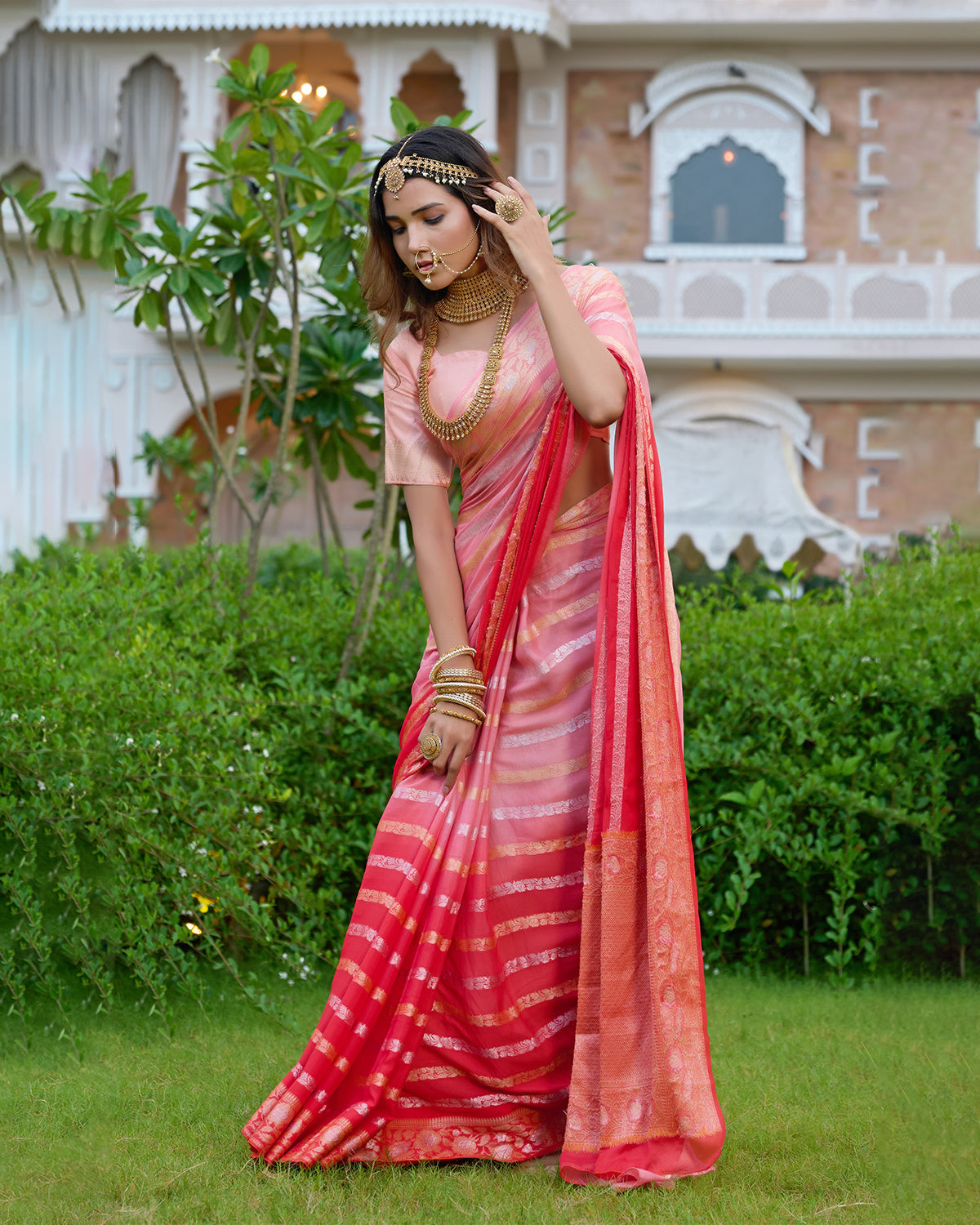 Peach Gleam Pure Chiffon Saree with Stripes Zari Woven Highlights