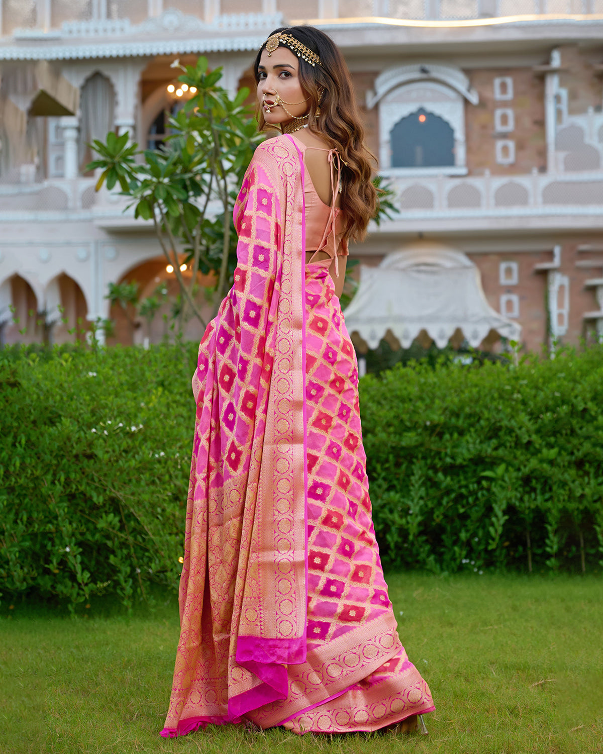 Rosy Radiance Rangkat Pure Chiffon Saree with Golden Lattice Weaves
