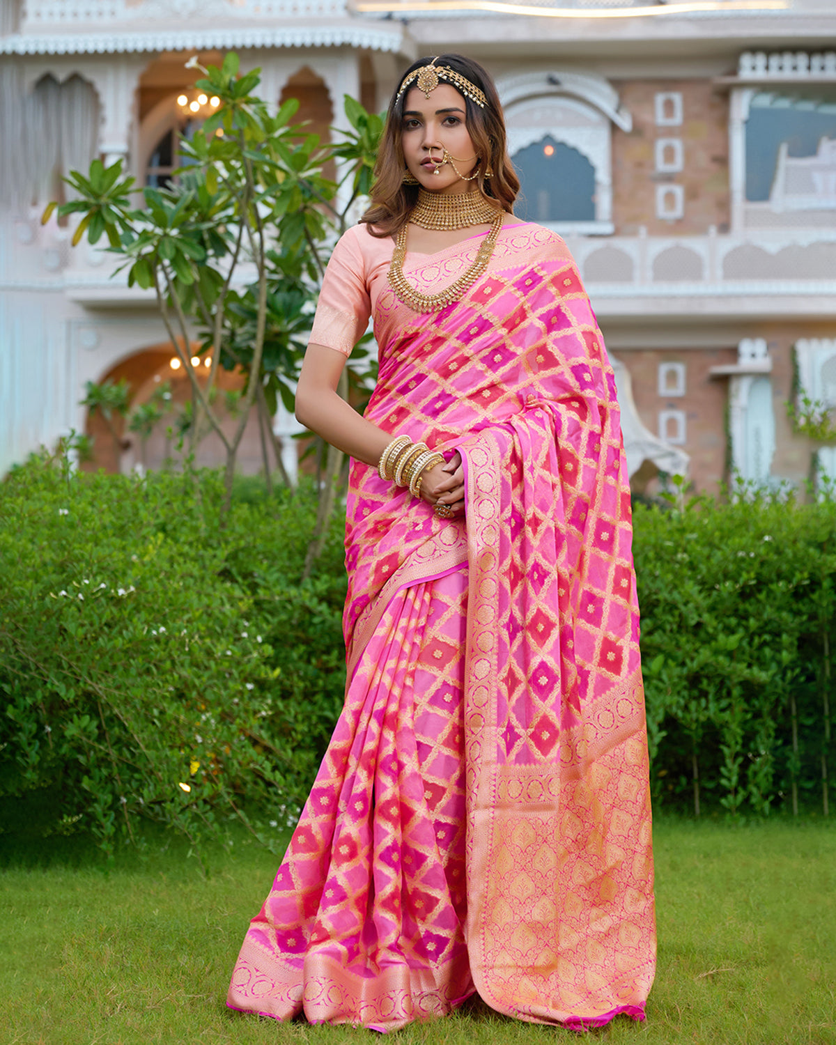 Rosy Radiance Rangkat Pure Chiffon Saree with Golden Lattice Weaves