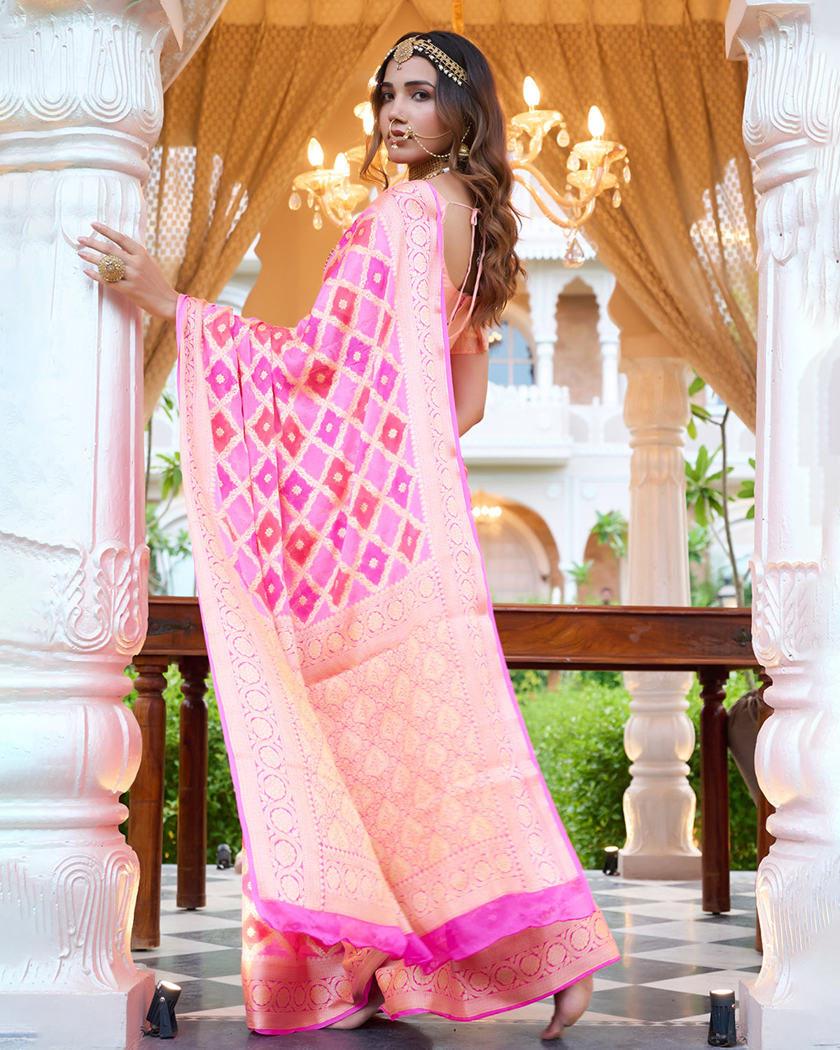 Rosy Radiance Rangkat Pure Chiffon Saree with Golden Lattice Weaves