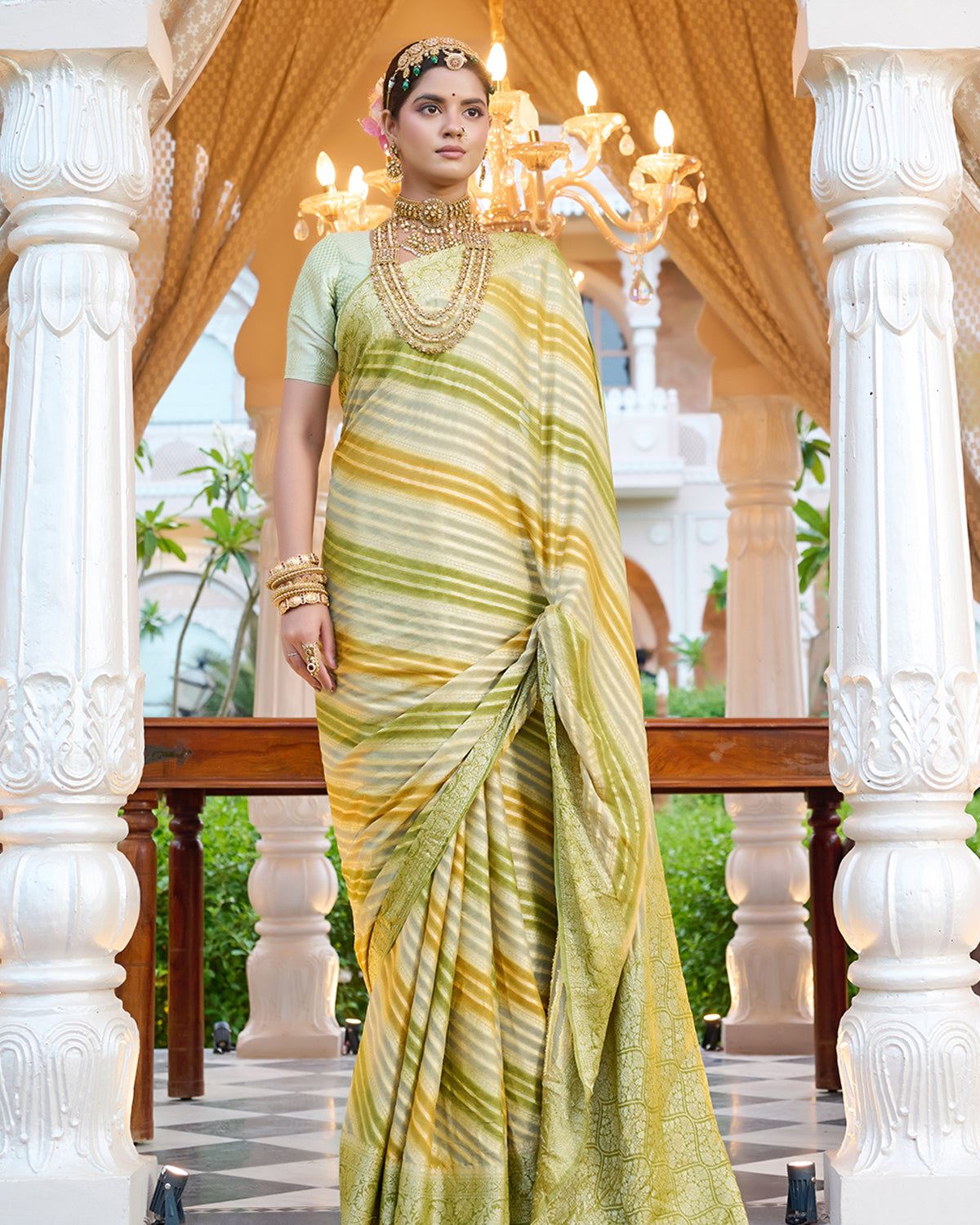 Pastel Olive Green Pure Chiffon Saree with Zari Striped Weaves