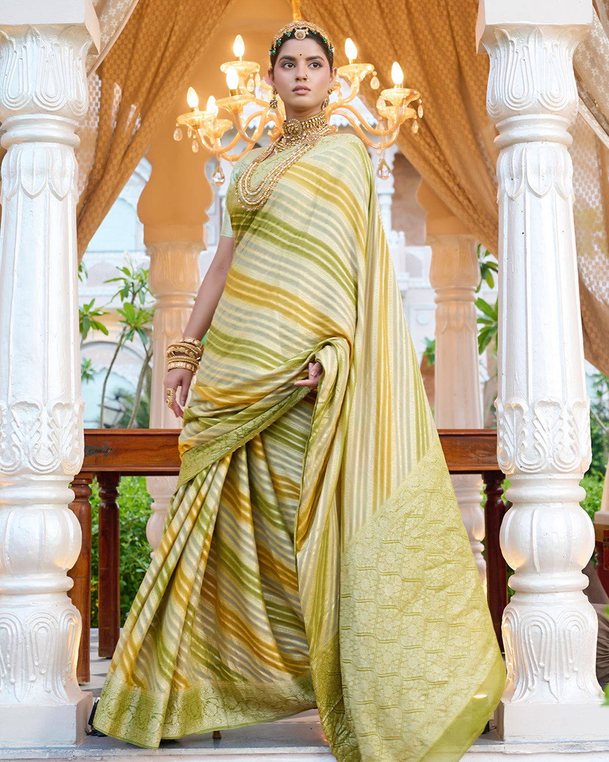 Pastel Olive Green Pure Chiffon Saree with Zari Striped Weaves