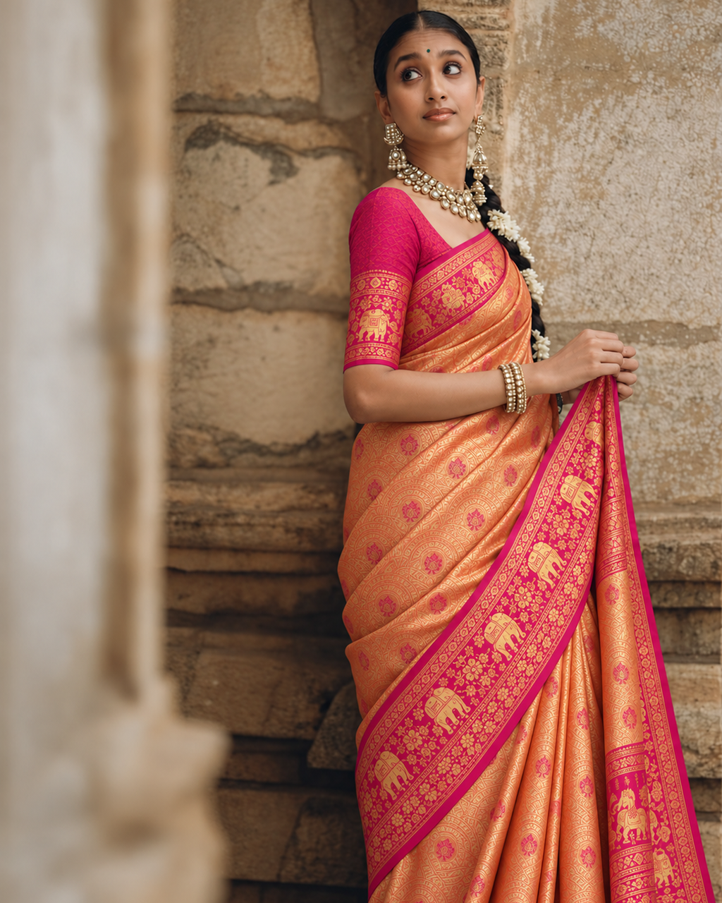 Peachy Orange Kanjivaram SIlk Saree with Intricate Circular Zari Motifs and Pink Contrast Border