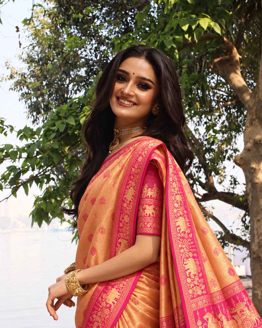 Peachy Orange Kanjivaram SIlk Saree with Intricate Circular Zari Motifs and Pink Contrast Border