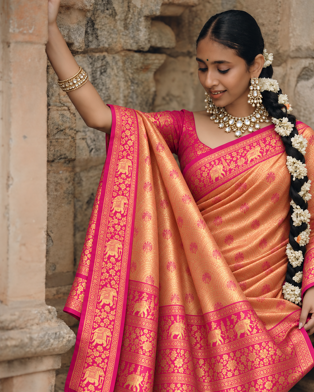 Peachy Orange Kanjivaram SIlk Saree with Intricate Circular Zari Motifs and Pink Contrast Border