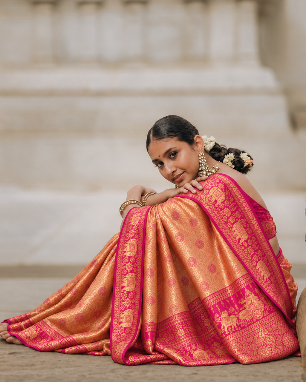 Peachy Orange Kanjivaram SIlk Saree with Intricate Circular Zari Motifs and Pink Contrast Border