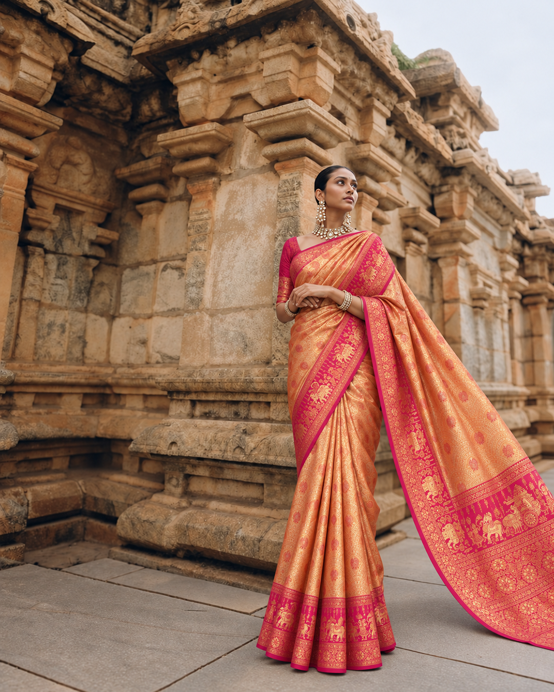 Peachy Orange Kanjivaram SIlk Saree with Intricate Circular Zari Motifs and Pink Contrast Border