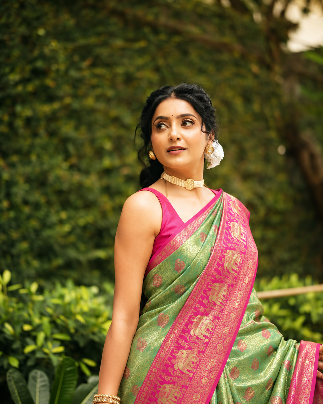 Light Mint Green Kanjivaram Silk Saree with Traditional Peacock Motifs Arch Weaving