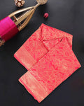 Coral Pink Banarasi Silk Saree with Heavy All-Over Floral Zari Weaves