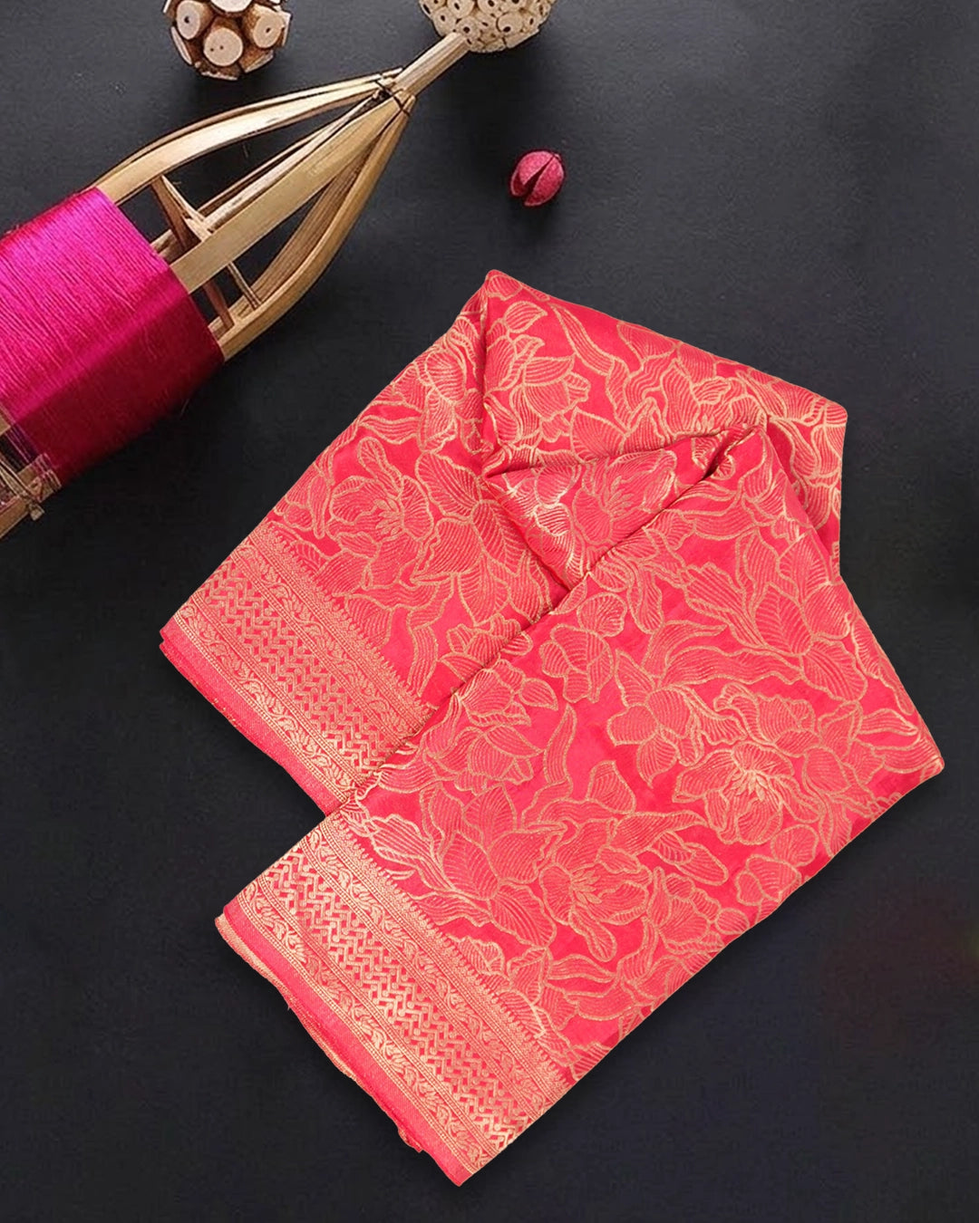 Coral Pink Banarasi Silk Saree with Heavy All-Over Floral Zari Weaves