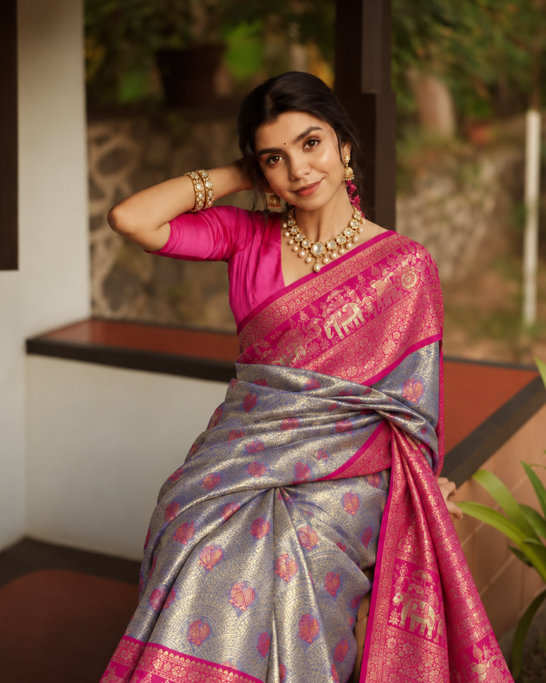 Periwinkle Blue Kanjivaram Silk Saree with Ornamental Woven Buta Weaving