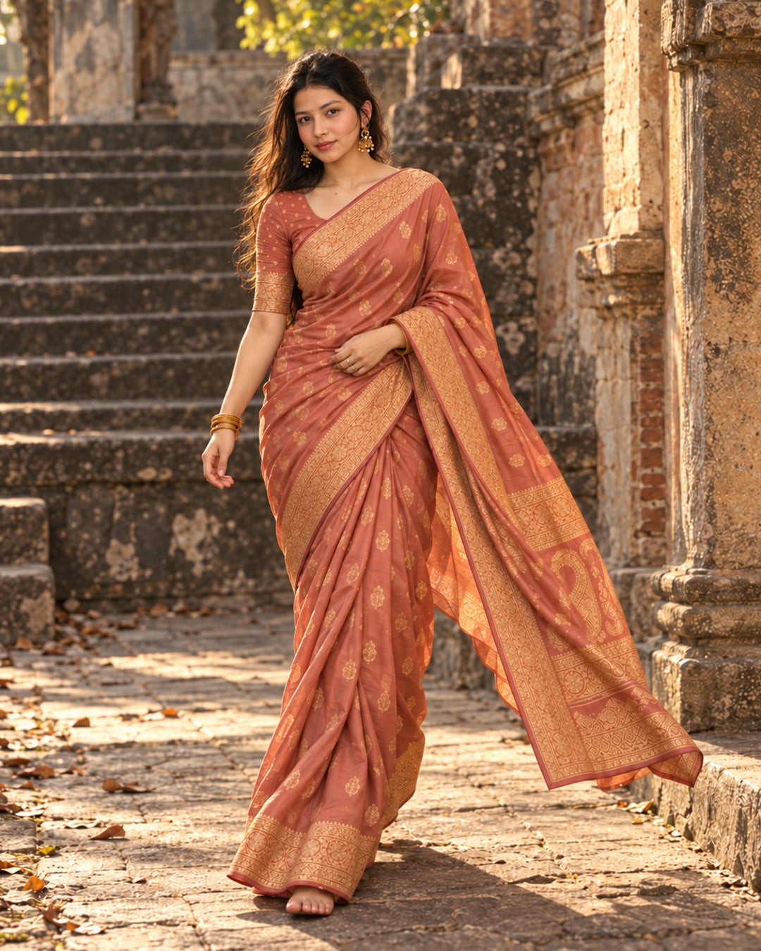 Rust Banarasi Silk Saree with Delicate Paisley Weaves and Meenakari Border