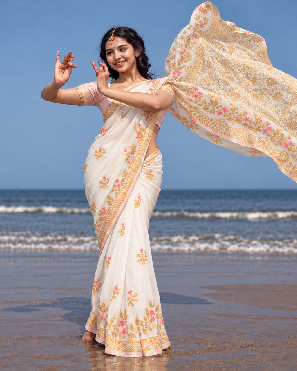 White Banarasi Silk Saree with Delicate Floral Meenakari Vine Trails Weaves