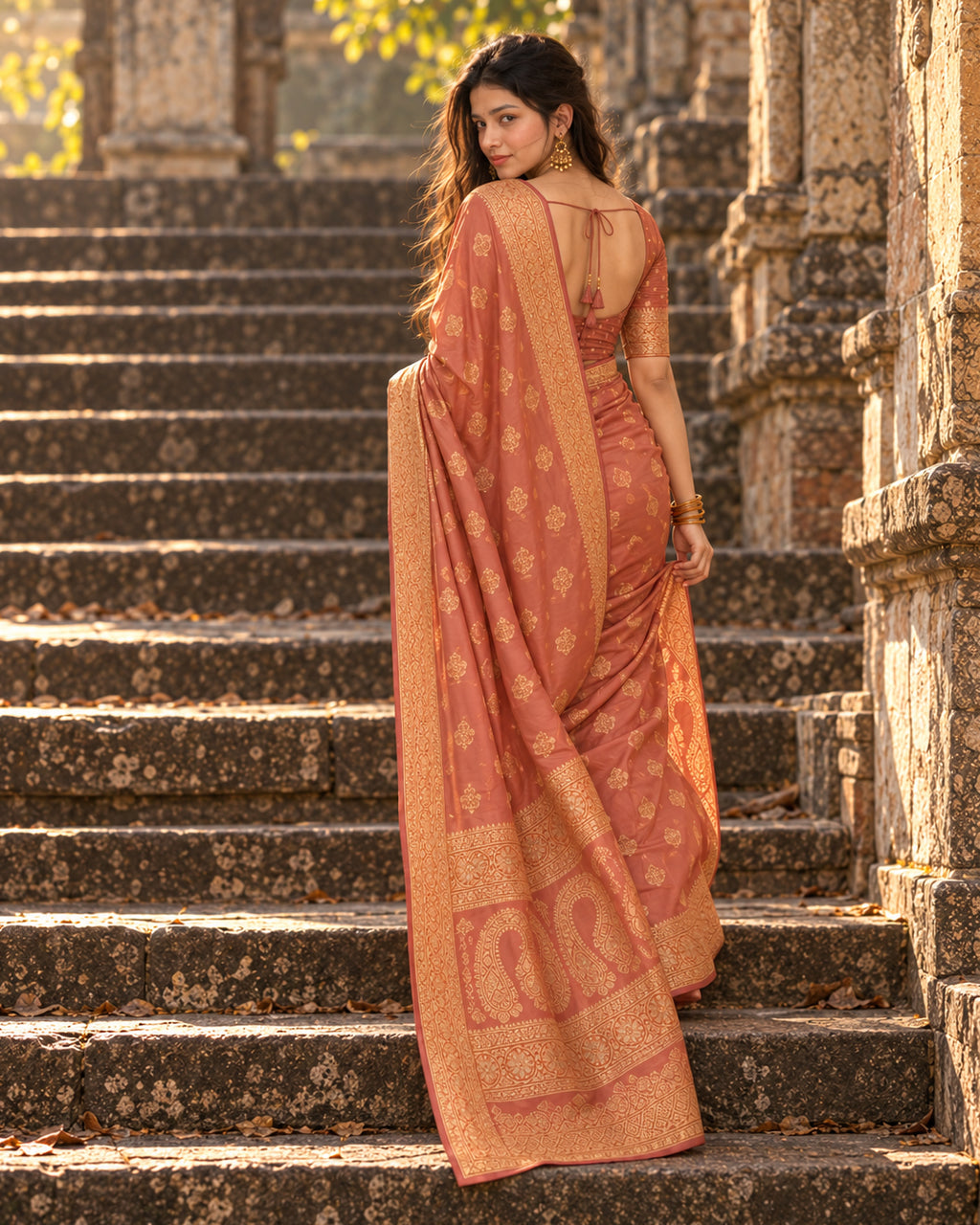 Rust Banarasi Silk Saree with Delicate Paisley Weaves and Meenakari Border