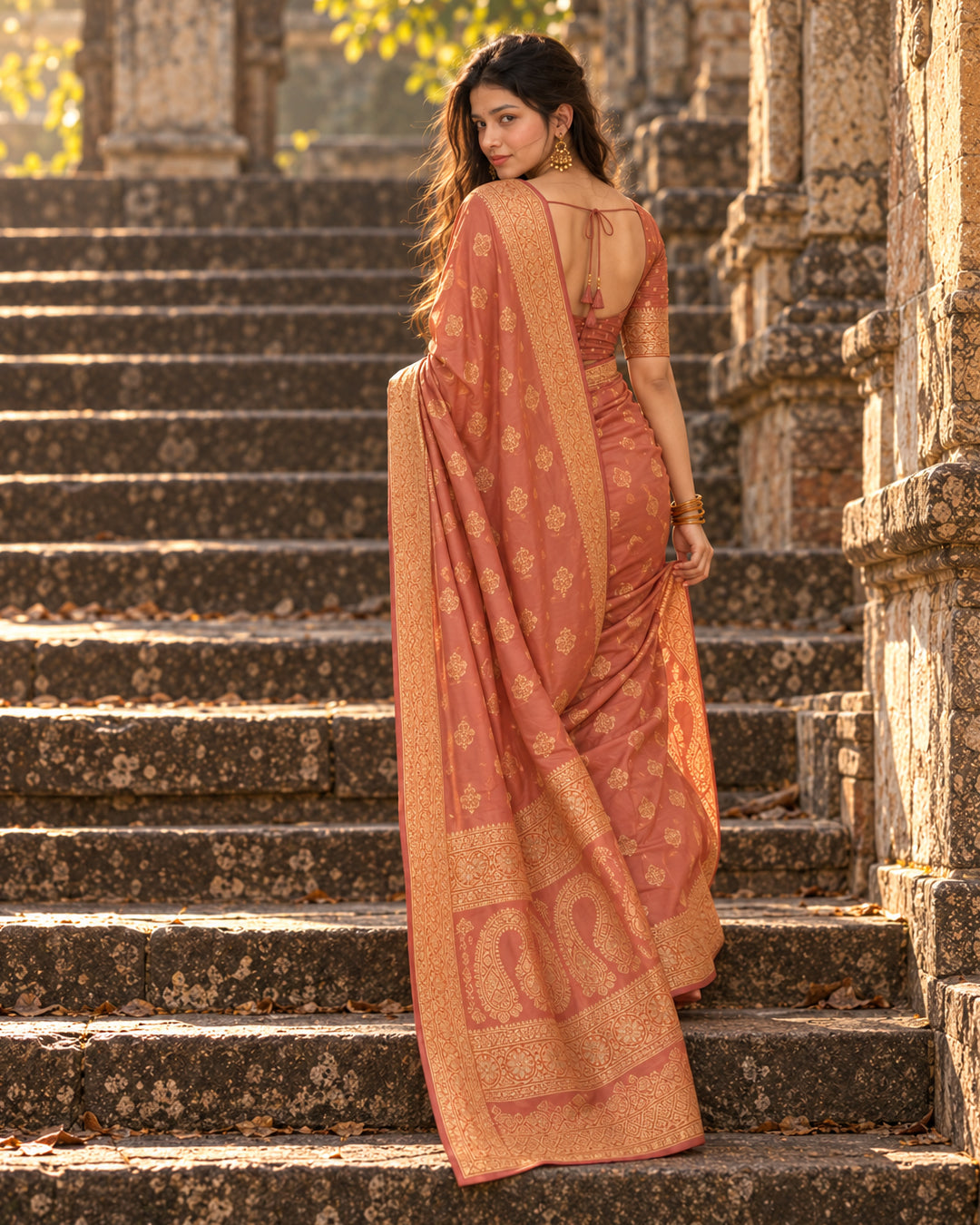 Rust Banarasi Silk Saree with Delicate Paisley Weaves and Meenakari Border