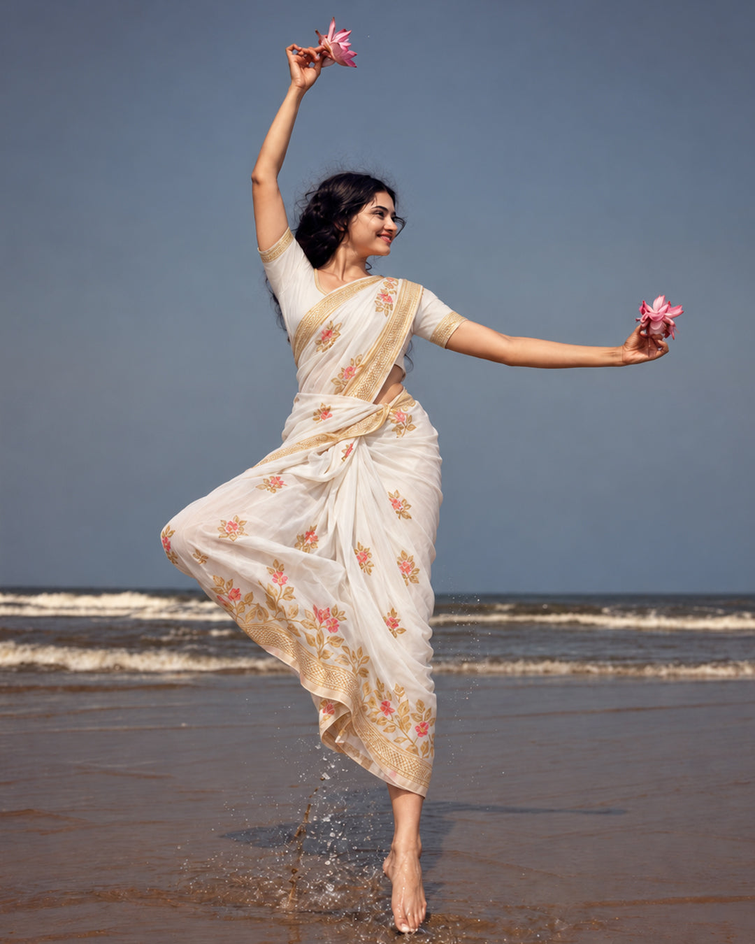 White Banarasi Silk Saree with Delicate Floral Meenakari Vine Trails Weaves