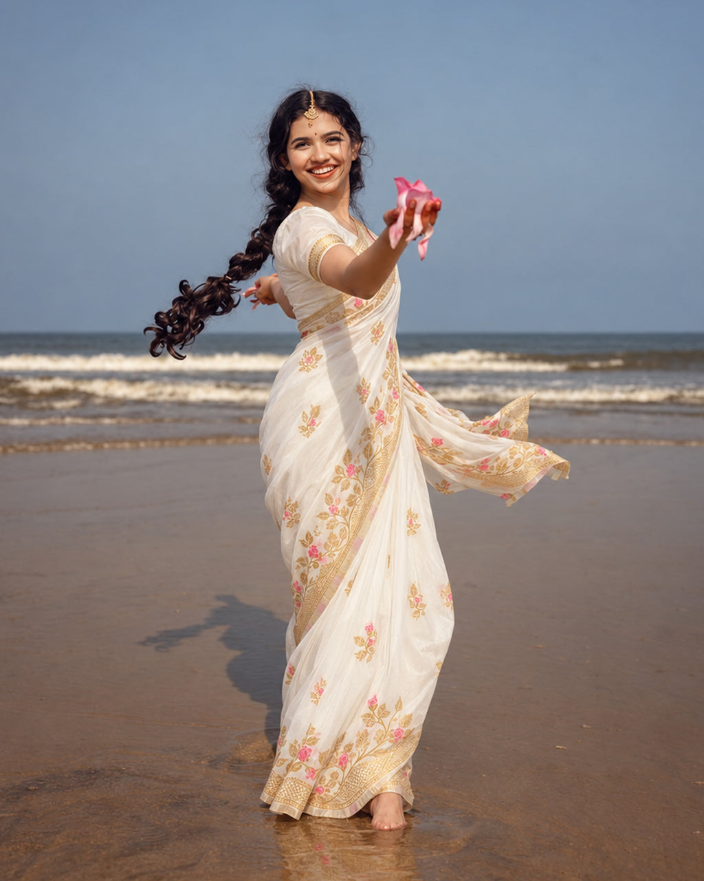 White Banarasi Silk Saree with Delicate Floral Meenakari Vine Trails Weaves