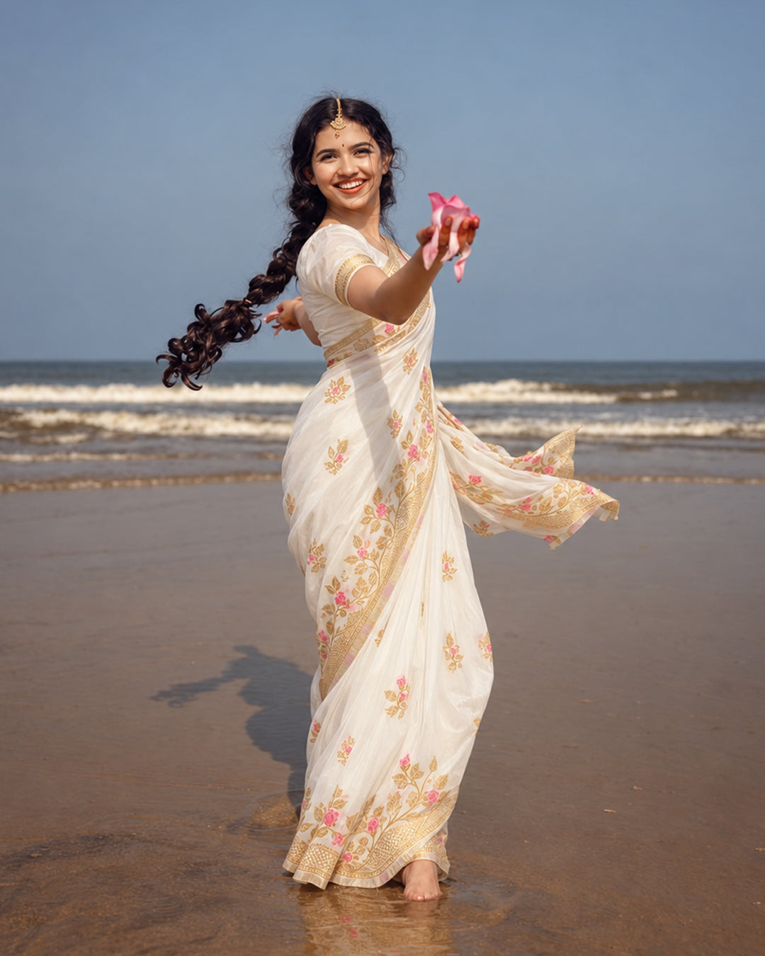 White Banarasi Silk Saree with Delicate Floral Meenakari Vine Trails Weaves