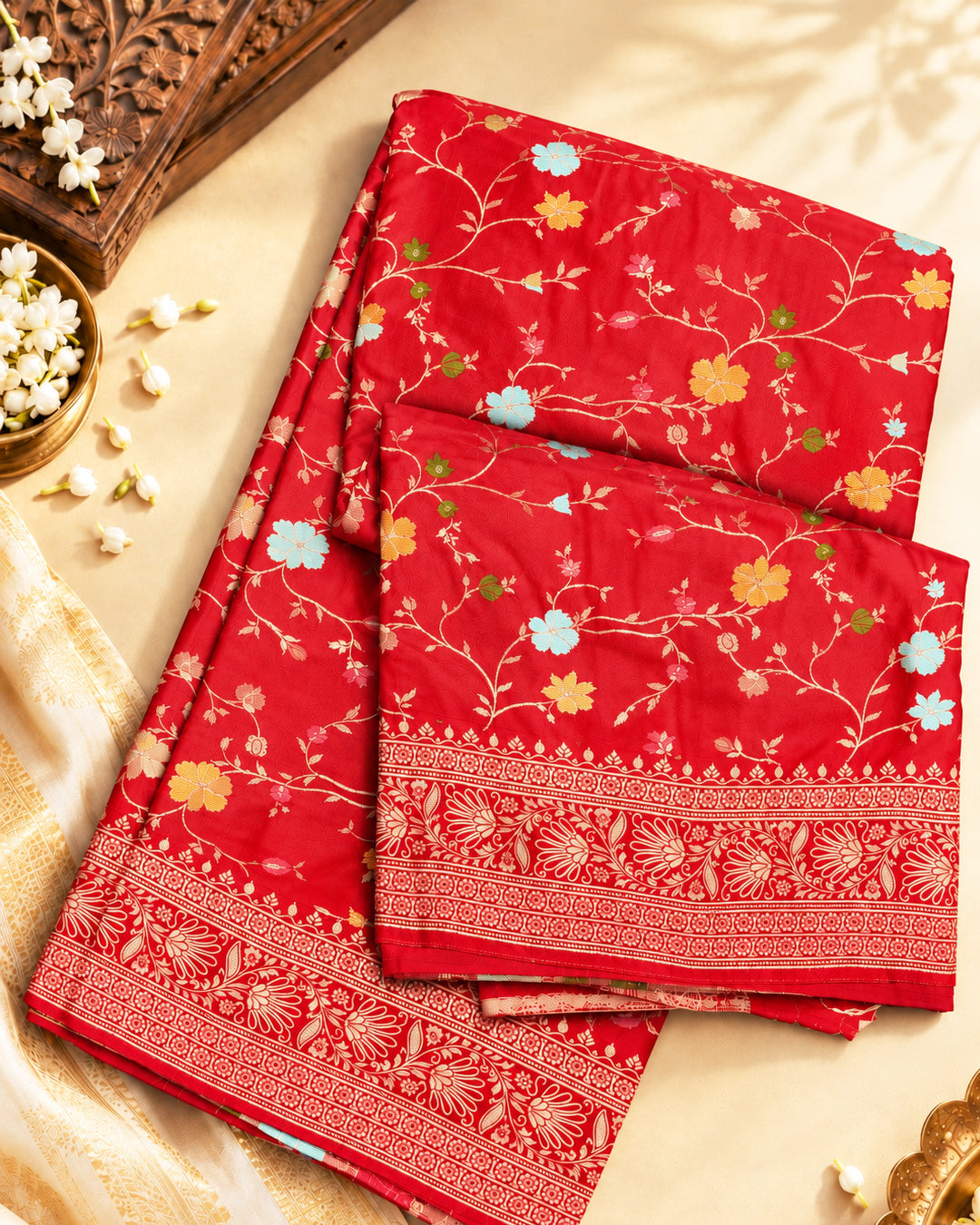 Red Banarasi Silk Saree with All-Over Floral Vine Jaal Weaving with Colorful Meenakari Weaves