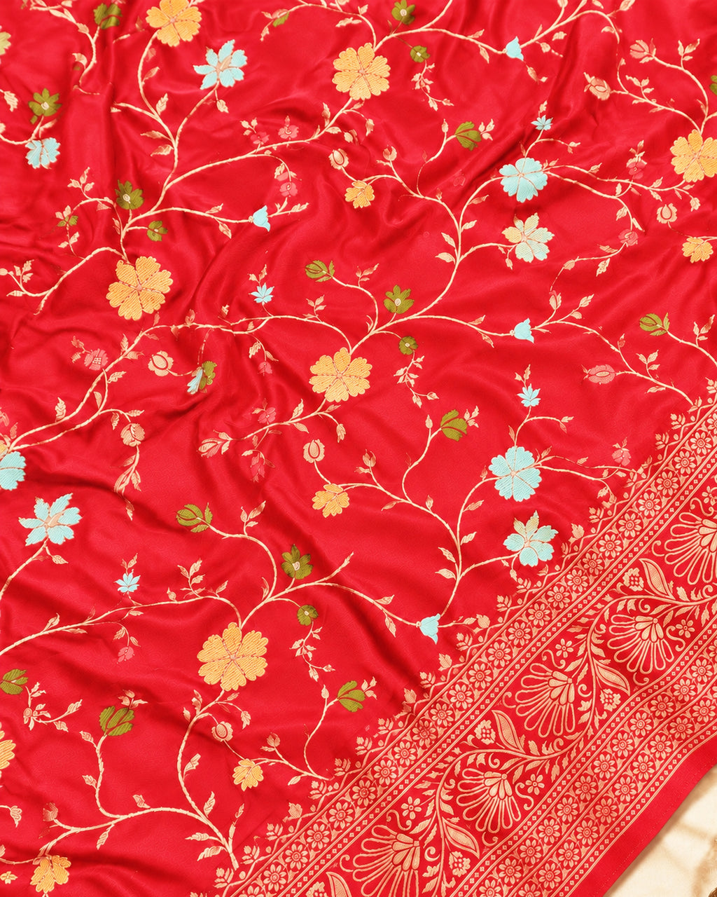 Red Banarasi Silk Saree with All-Over Floral Vine Jaal Weaving with Colorful Meenakari Weaves