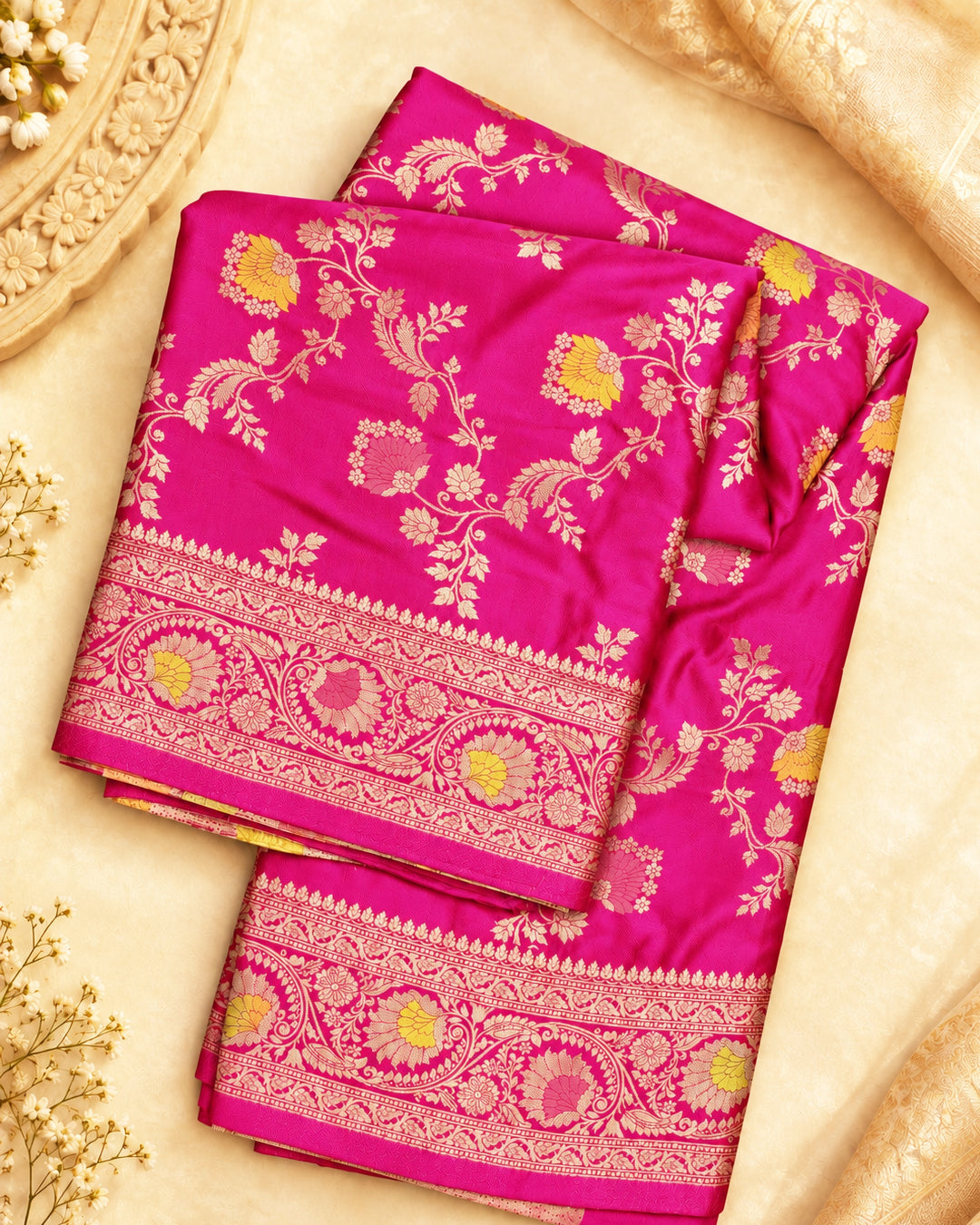 Rani Pink Banarasi Silk Saree with Intricate Floral Meenakari Vines Weaves