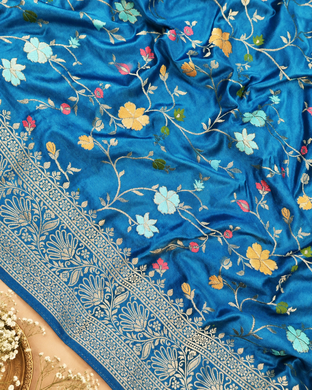 Peacock Blue Banarasi Silk Saree with Floral Vine Jaal with Vibrant Meenakari Weaves