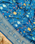 Peacock Blue Banarasi Silk Saree with Floral Vine Jaal with Vibrant Meenakari Weaves