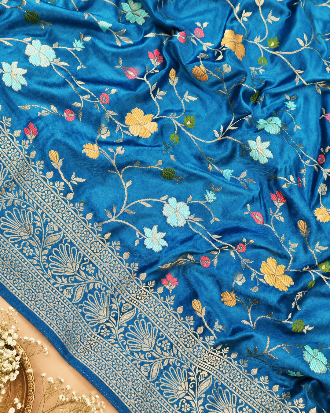 Peacock Blue Banarasi Silk Saree with Floral Vine Jaal with Vibrant Meenakari Weaves