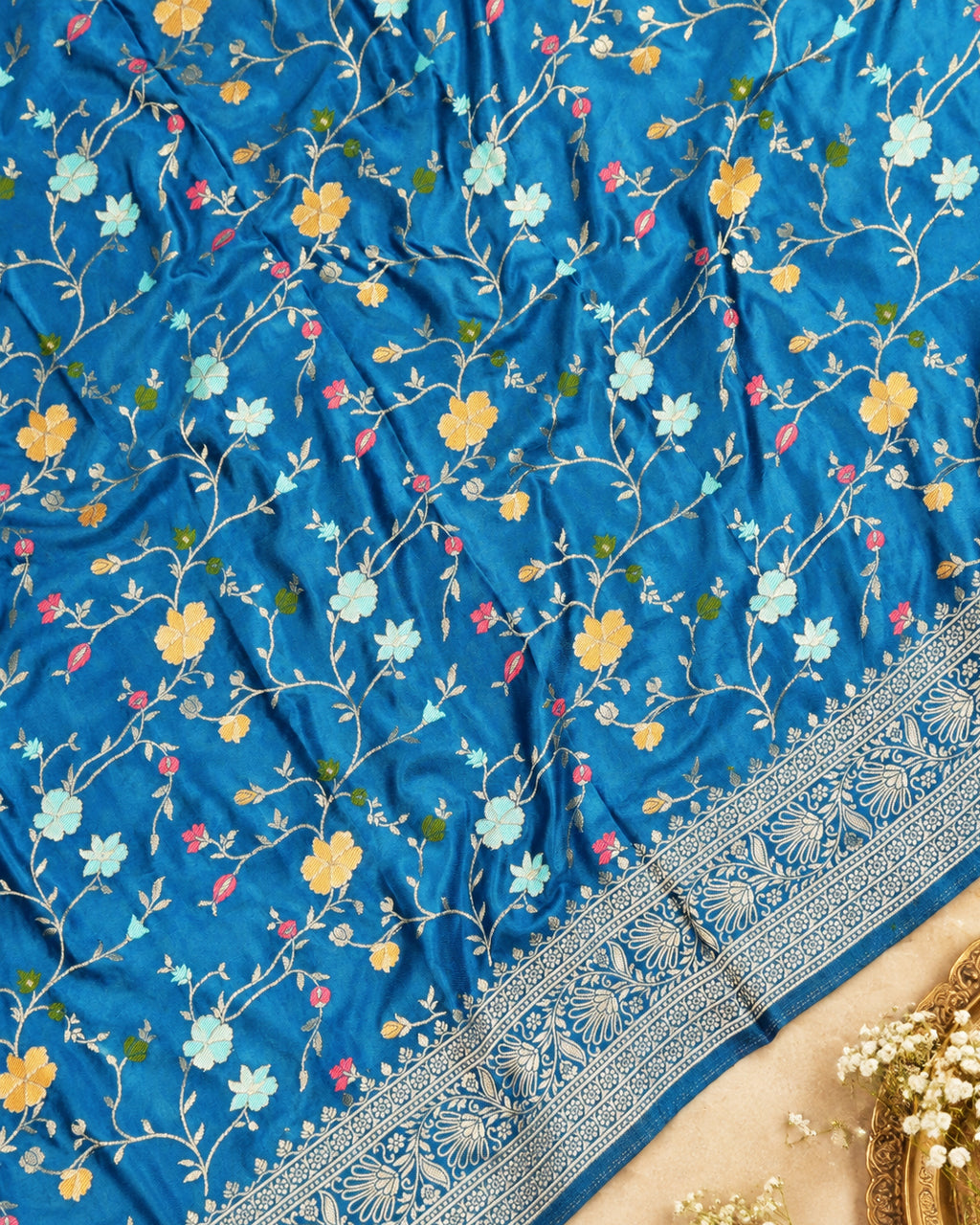 Peacock Blue Banarasi Silk Saree with Floral Vine Jaal with Vibrant Meenakari Weaves