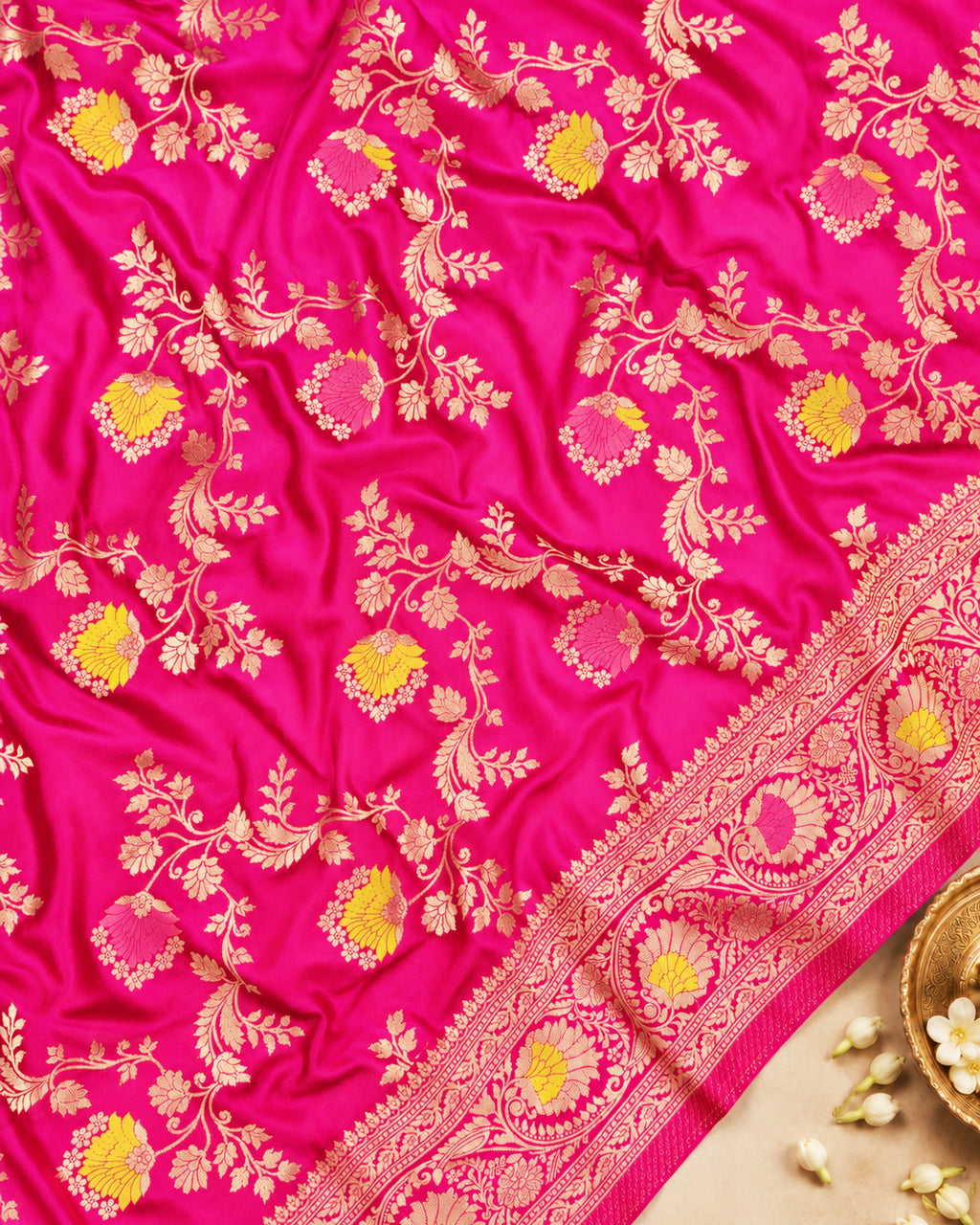 Rani Pink Banarasi Silk Saree with Intricate Floral Meenakari Vines Weaves