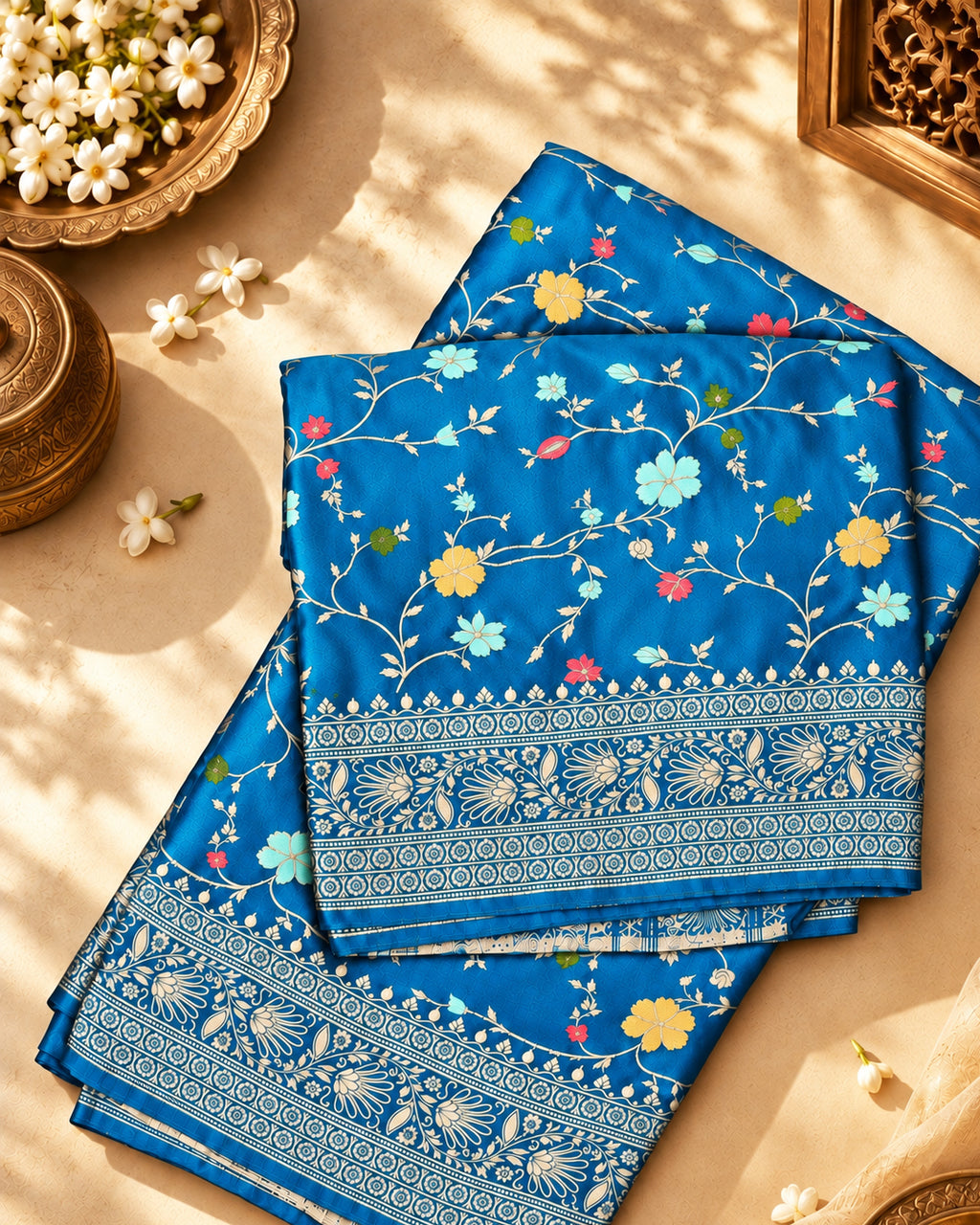 Peacock Blue Banarasi Silk Saree with Floral Vine Jaal with Vibrant Meenakari Weaves