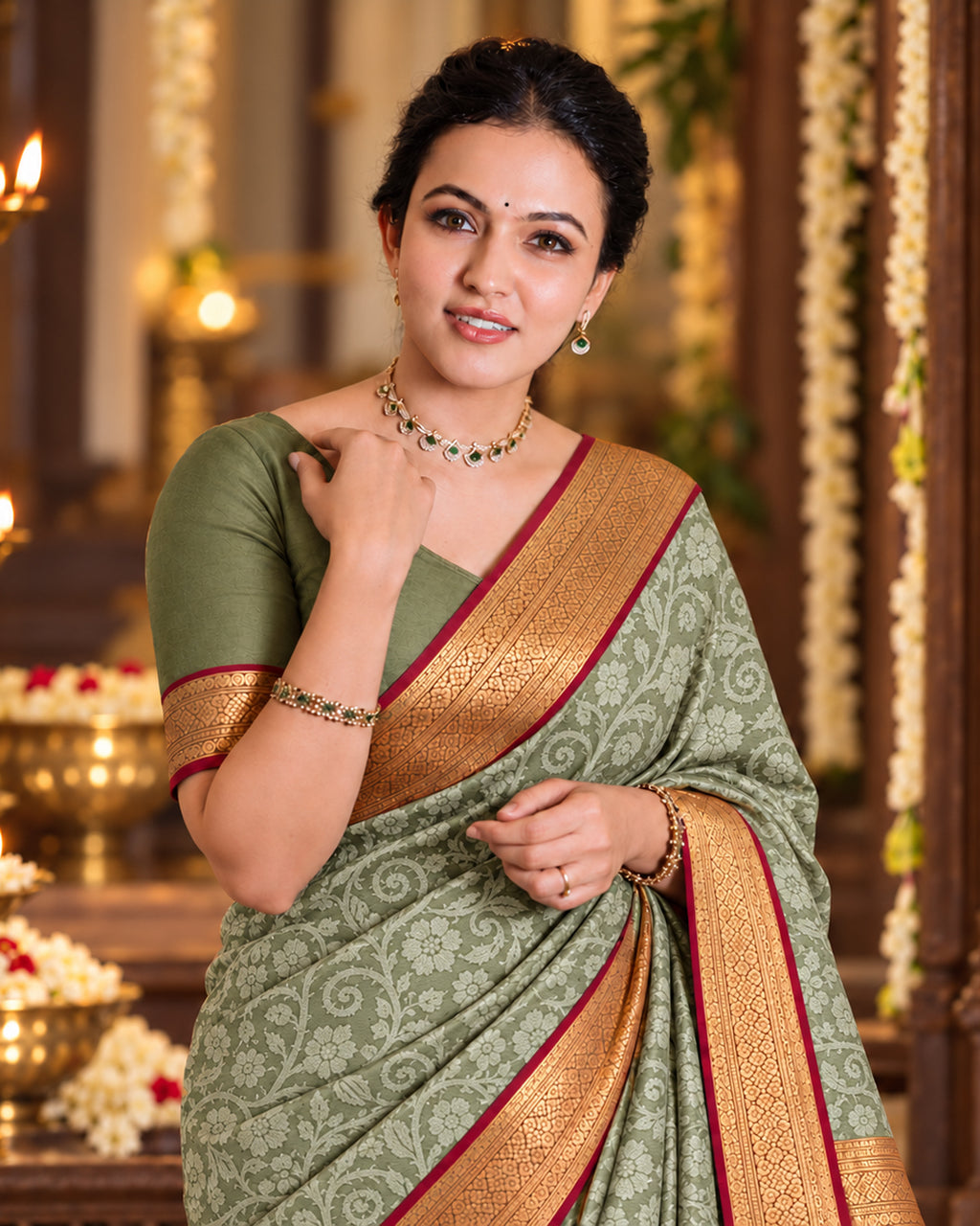 Sage Green Kanjivaram Silk Saree with All-Over Arabesque Floral Vines