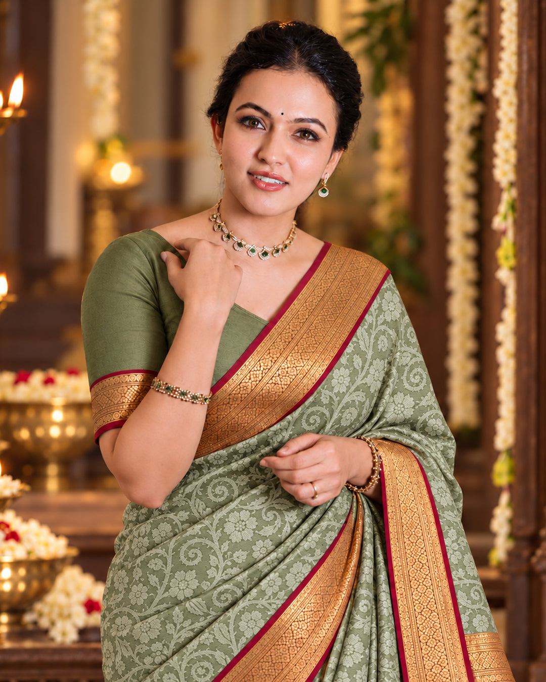 Sage Green Kanjivaram Silk Saree with All-Over Arabesque Floral Vines