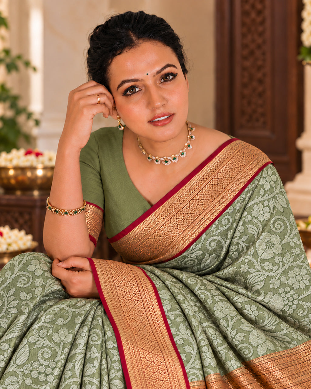 Sage Green Kanjivaram Silk Saree with All-Over Arabesque Floral Vines