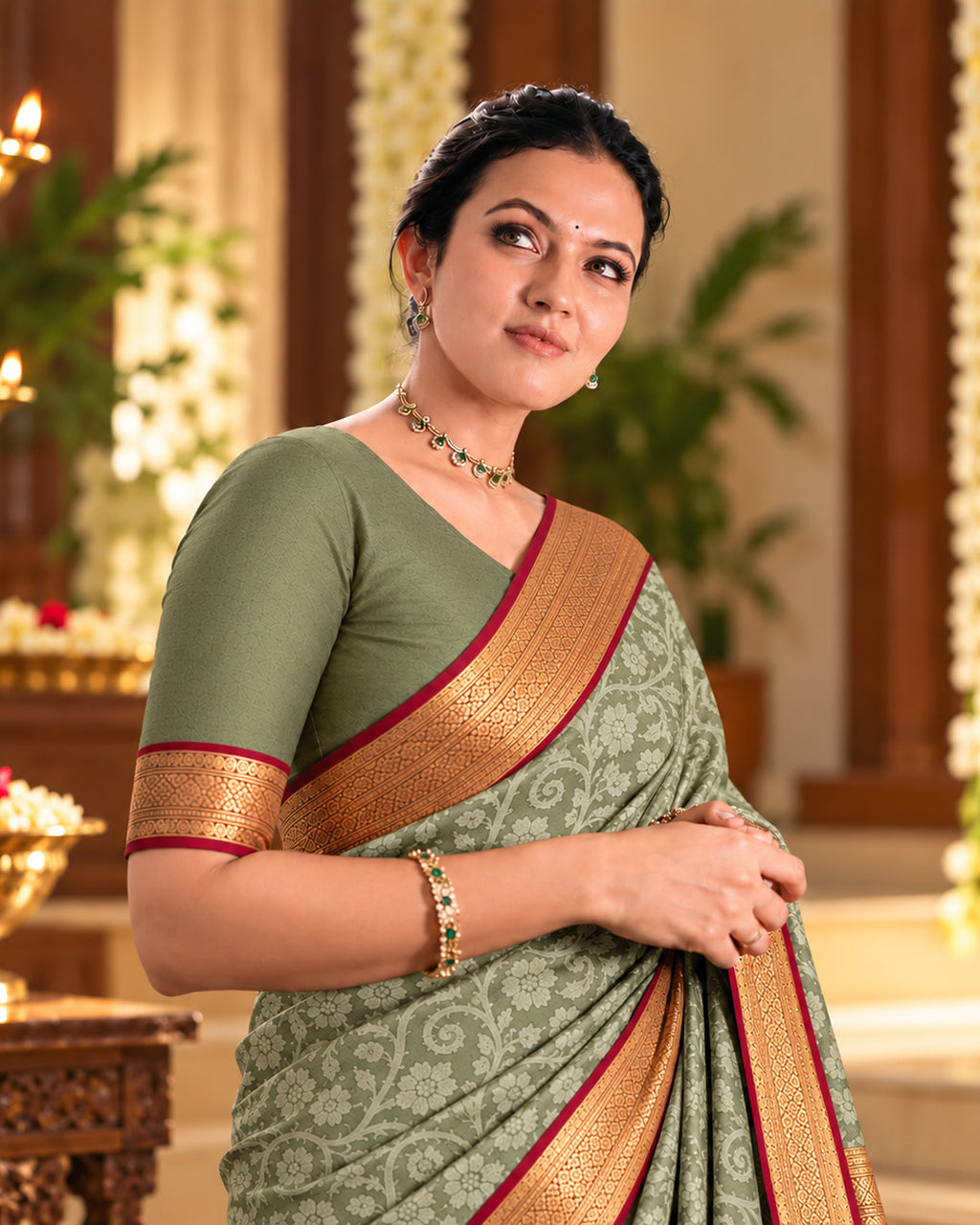 Sage Green Kanjivaram Silk Saree with All-Over Arabesque Floral Vines